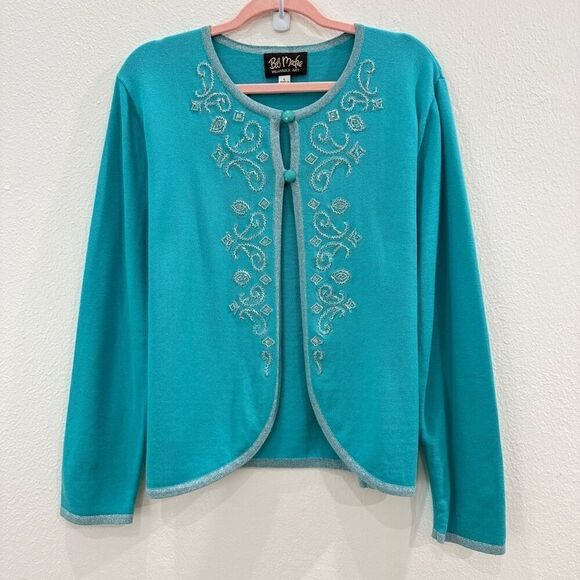 Bob Mackie Wearable Art Women's Size Large Embroidered Blue Cardigan Sweater - Picture 1 of 9